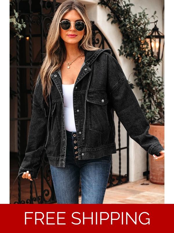 Black Big Chest Pocket Drop Shoulder Hooded Denim Jacket